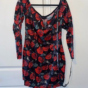 Romantic Off-Shoulder Rose Printed Dress